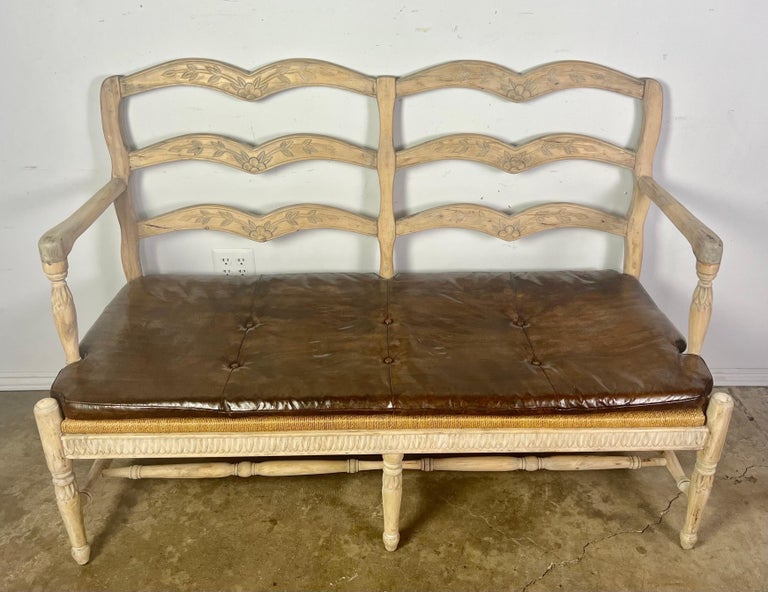 French Provincial Style Bench w/ Rush Seat & Leather Cushion