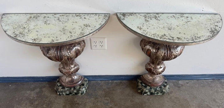 Pair of Italian Baroque Style Silver-Gilt Console Tables with Mirrored Tops