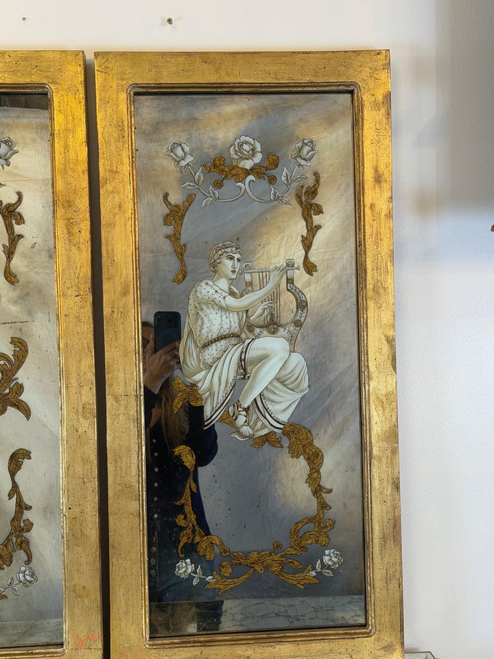 Neoclassical Reverse Painted Mirror Panels, Early 20th Century