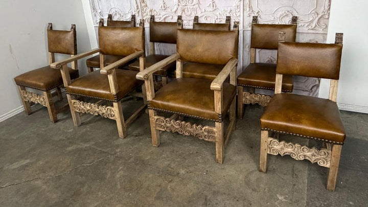 Set of Eight Spanish Colonial Leather Dining Chairs