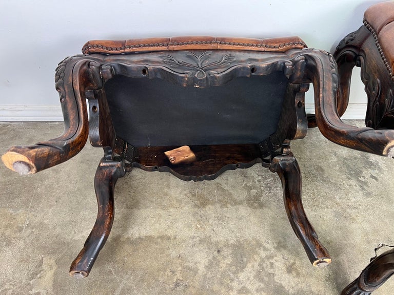 Pair of French Walnut Leather Tufted Benches