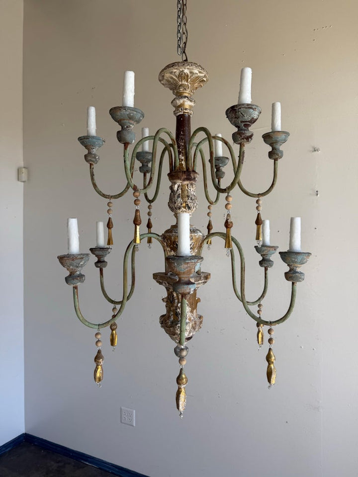 Grand Italian Painted and Giltwood Twelve-Light Chandelier