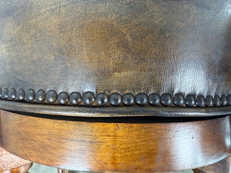 Pair of Louis XVI–Style Swivel Stools in Patinated Leather, Mid-20th Century