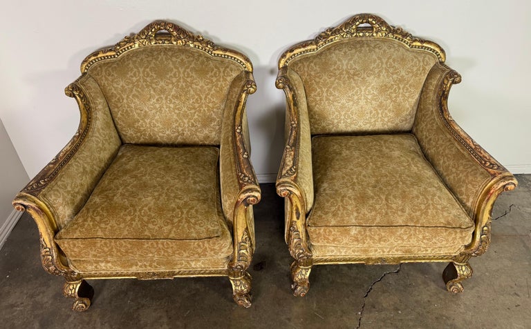 Pair of Italian Giltwood Armchairs with Damask Upholstery