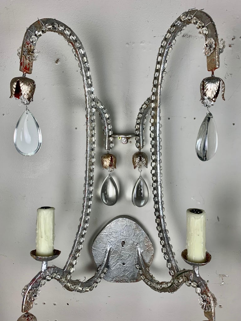 Pair of Silvered 2-Light Crystal Sconces