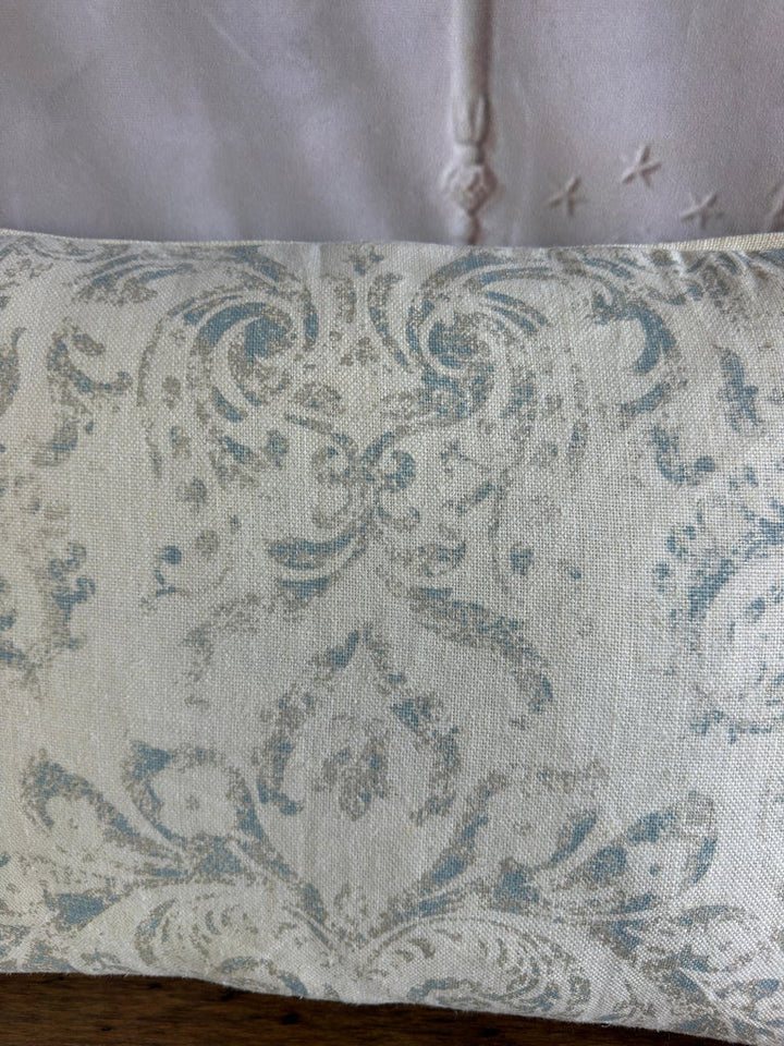Pair of Custom Printed Linen Lumbar Pillows in Faded Aqua Baroque Damask