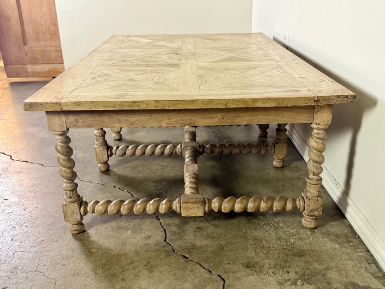 Large European Rustic Coffee Table with Parquetry Top and Barley-Twist Base