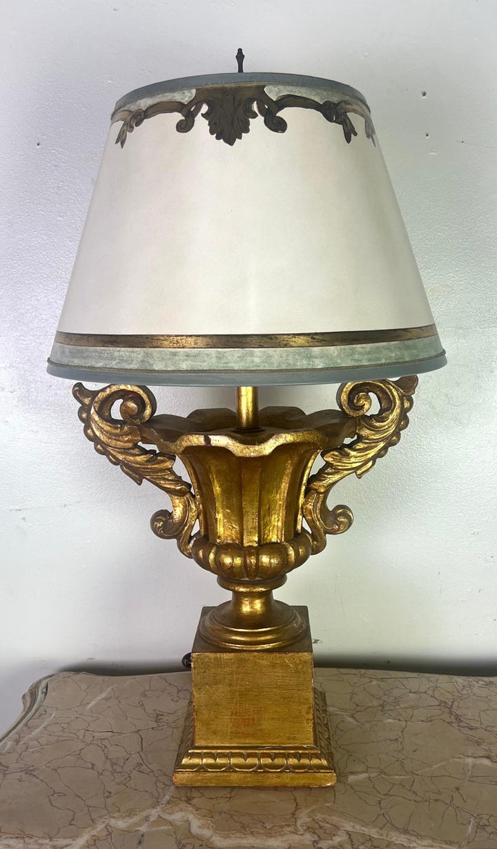 Pair of Giltwood Urn Neoclassical Style Lamps w/ Parchment Shades