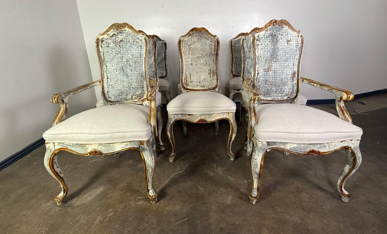 Set of 8 Distressed French Louis XV Style Dining Chairs with Cane Backs