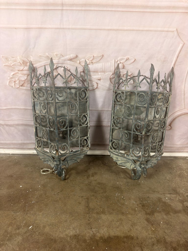 Pair of Gothic Revival Metal Iron Dragon Sconces