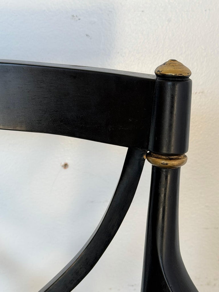 Set of Ten Regency-Style Ebonized Dining Chairs with Linen Seats