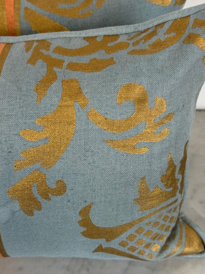 Nomi Stenciled Linen Lumbar Pillows in Celeste Blue, USA