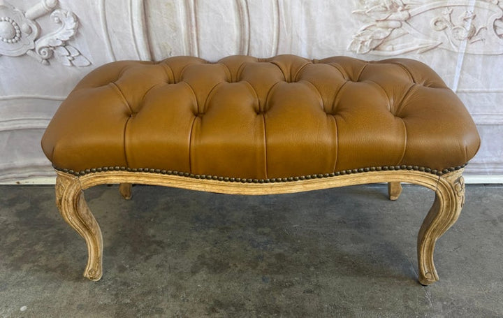 French Louis XV Style Tufted Bench - Caramel Leather