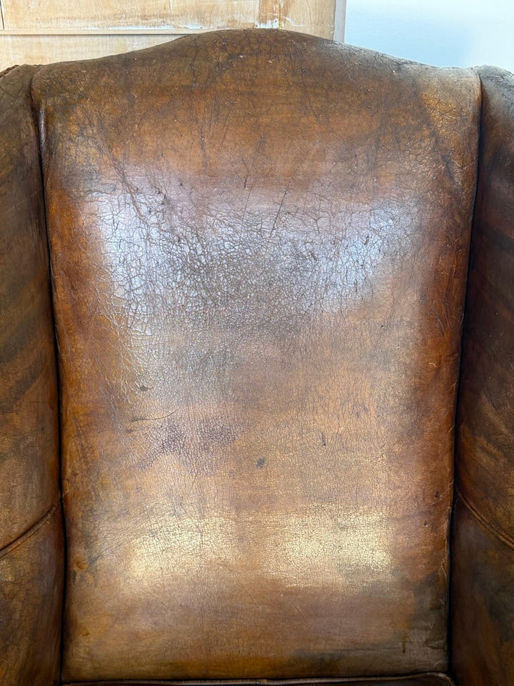 Pair of English Georgian Style Wingback Armchairs - Distressed Brown leather
