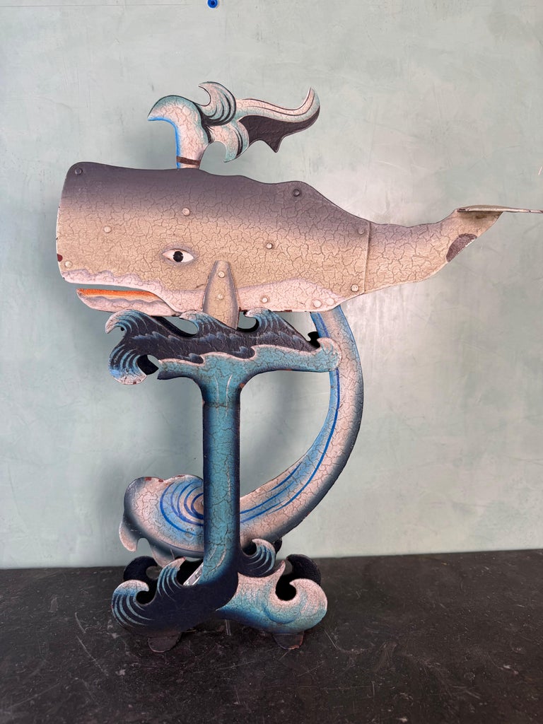 Vintage Folk Art Carved Whale Kinetic Sculpture on Stylized Ocean Base