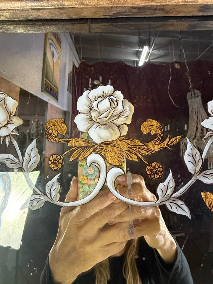 Pair of Reverse Painted Framed Mirror Panels
