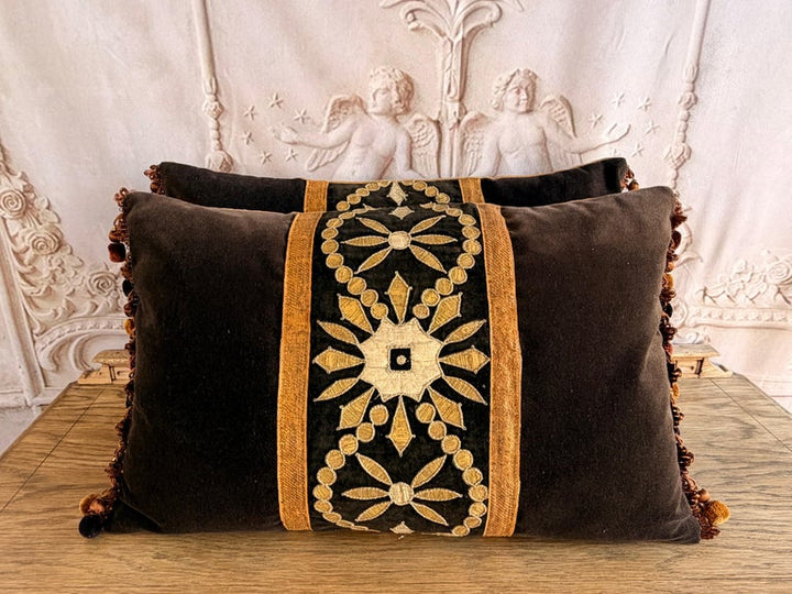 Pair of Custom Velvet Pillows with 19th Century French Appliqué Panels