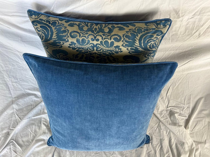 Pair of Vibrant Blue & Gold Metallic Fortuny Textile Pillows