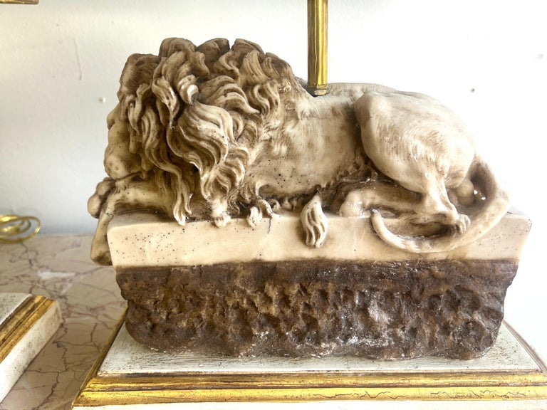 Pair of Italian Carved Stone Lion Lamps with Parchment Shades