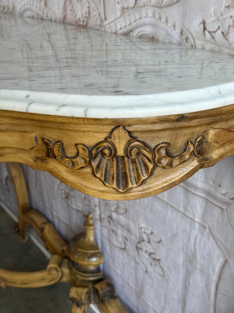 French Louis XV Style Carved Giltwood Console Table with White Marble Top