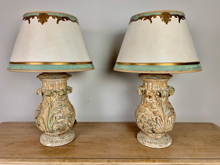 Pair of Custom Italian Acanthus Leaf Lamps. w/ Parchment  Shades