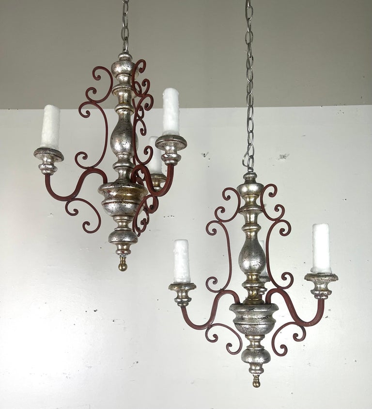 Pair of Italian Silvered Wood & Iron Chandeliers