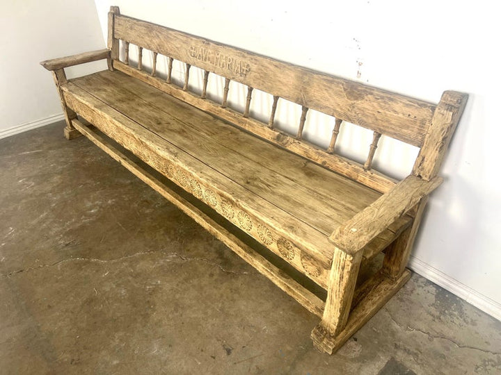 Early 19th C. Italian Carved Rustic Bench "Ave Maria"