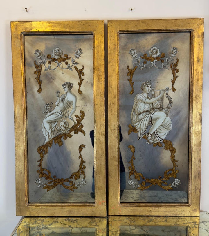 Neoclassical Reverse Painted Mirror Panels, Early 20th Century
