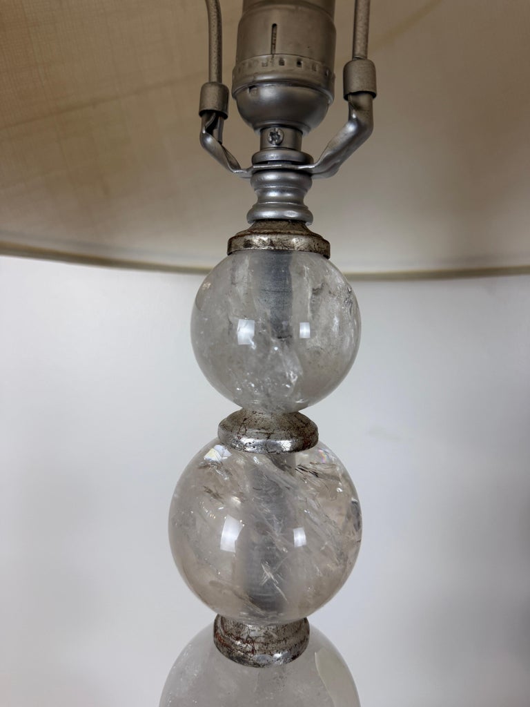 Pair of Hollywood Regency Rock Crystal Stacked Orb Table Lamps - Silver Leaf