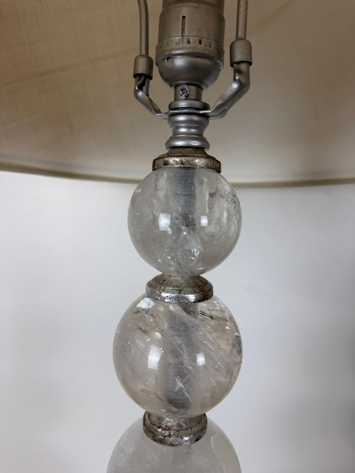Pair of Hollywood Regency Rock Crystal Stacked Orb Table Lamps - Silver Leaf