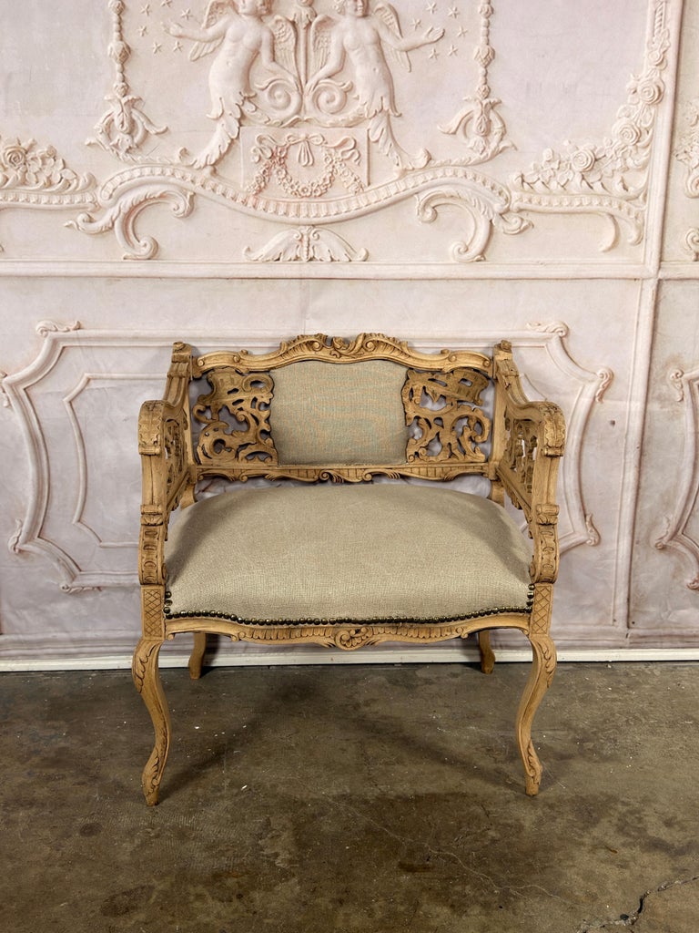 Antique Venetian Rococo Pierced Bench Settee- Hand Carved Bleached Walnut