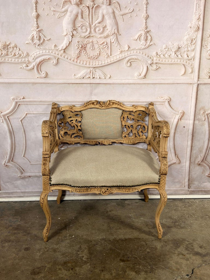 Antique Venetian Rococo Pierced Bench Settee- Hand Carved Bleached Walnut