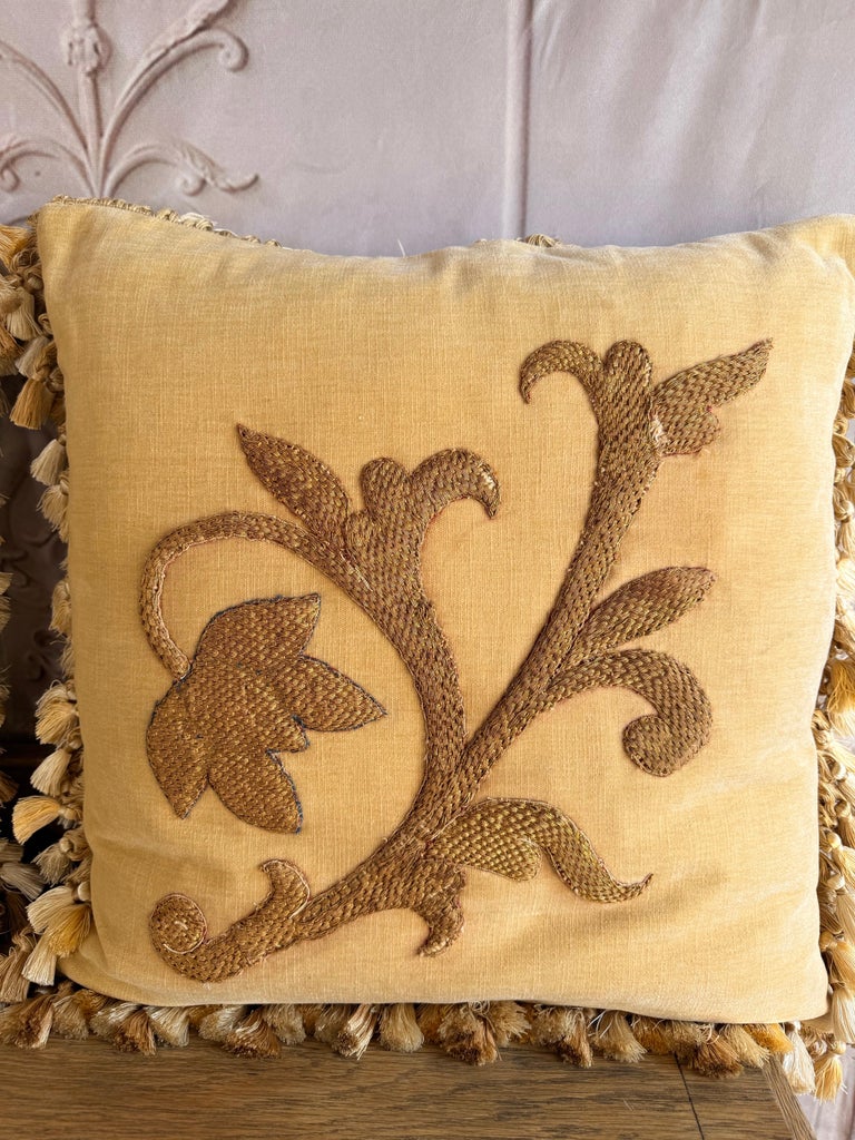 Pair of Golden Chenille Pillows w/ 19th Century Metallic Embroidered Appliqués