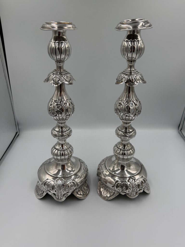 Pair of Antique Sterling Silver Baroque Revival Candlesticks with Repoussé