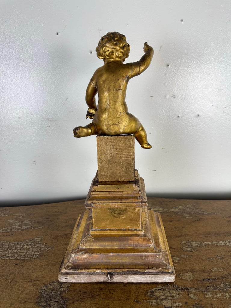 19th Century Italian Giltwood Cherub on Carved Plinth Base
