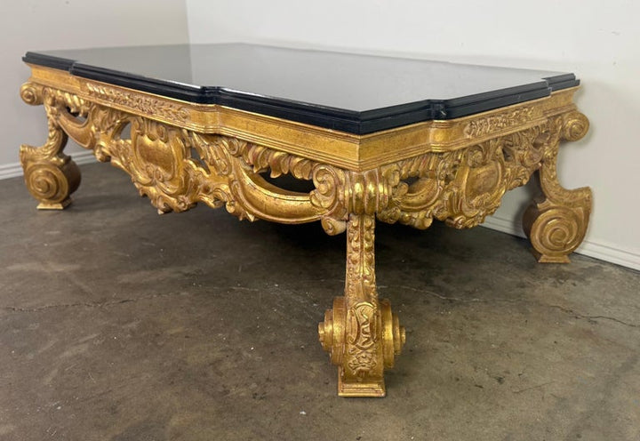 Baroque-Style 22K Gold Leaf Carved Coffee Table with Black Stone Top