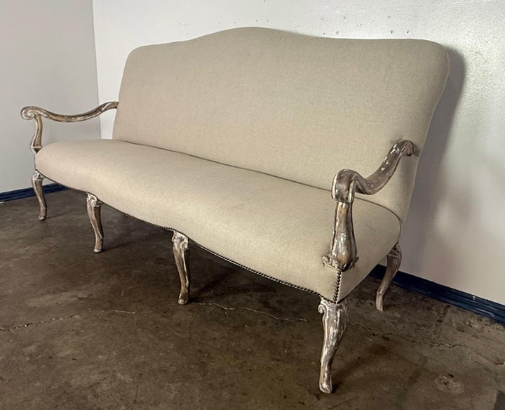 French Louis XV Style Painted Settee with New Linen Upholstery