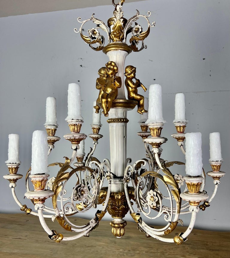 Italian Painted & Parcel Gilt Cherub Chandelier, circa 1930s