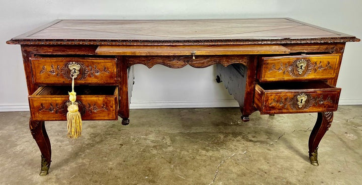 18th Century, French Walnut Leather Top Writing Table W/ Bronze Hardware