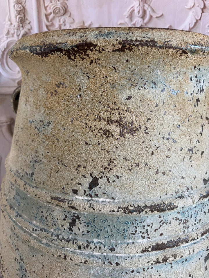 Pair of Large Distressed Mediterranean Style Terracotta Olive Jars with Handles
