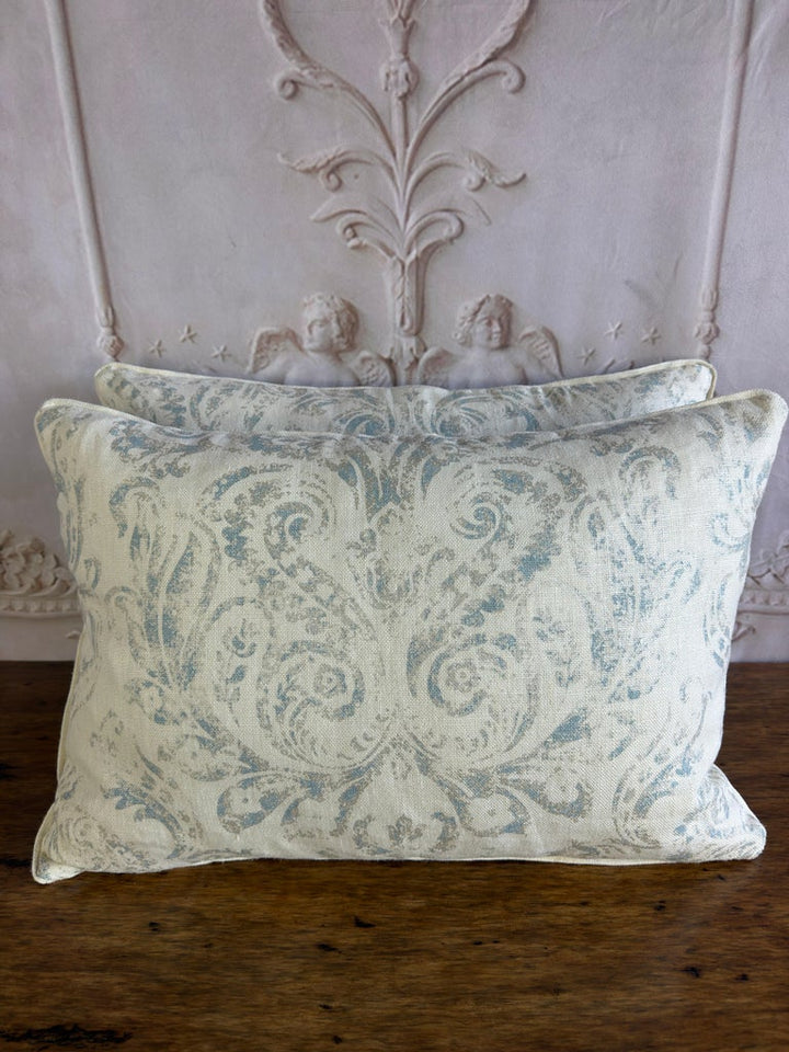 Pair of Custom Printed Linen Lumbar Pillows in Faded Aqua Baroque Damask