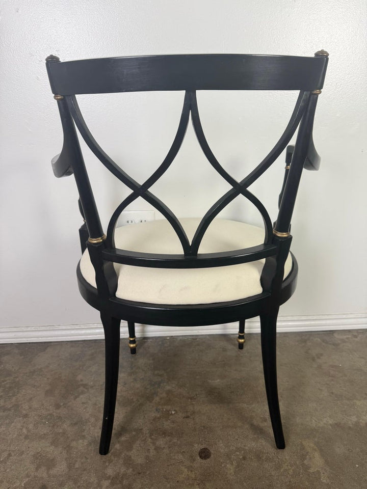 Set of Twelve Regency-Style Ebonized Dining Chairs with Linen Seats