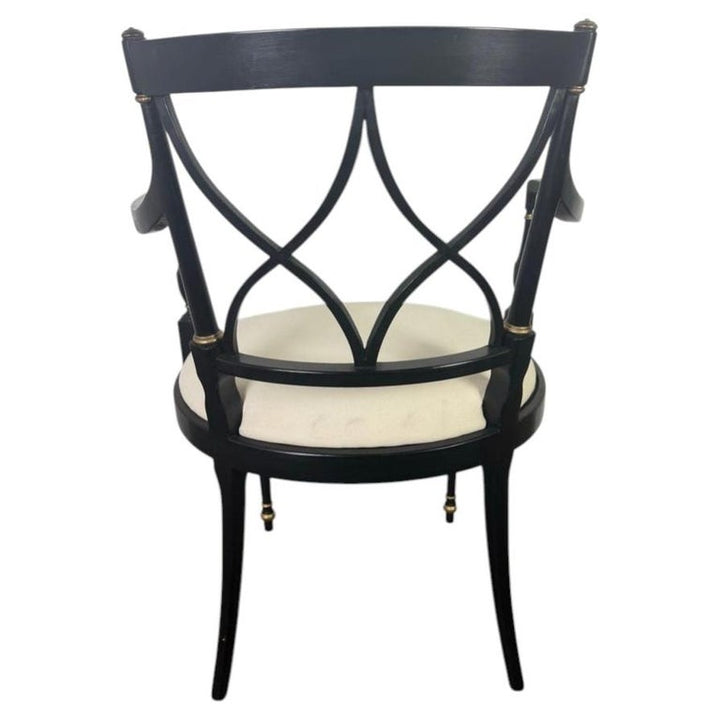 Set of Ten Regency-Style Ebonized Dining Chairs with Linen Seats