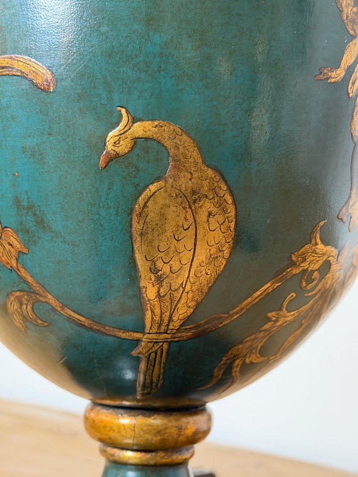 Italian Neoclassical Tole Urn Table Lamp Hand Painted Original Parchment Shade