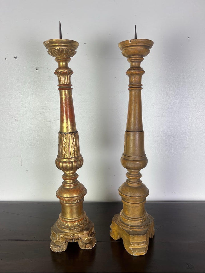 Pair of 19th-Century Italian Gilt Wood Candlesticks w/ Prickets