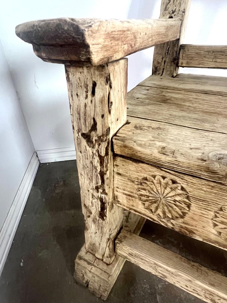 Early 19th C. Italian Carved Rustic Bench "Ave Maria"