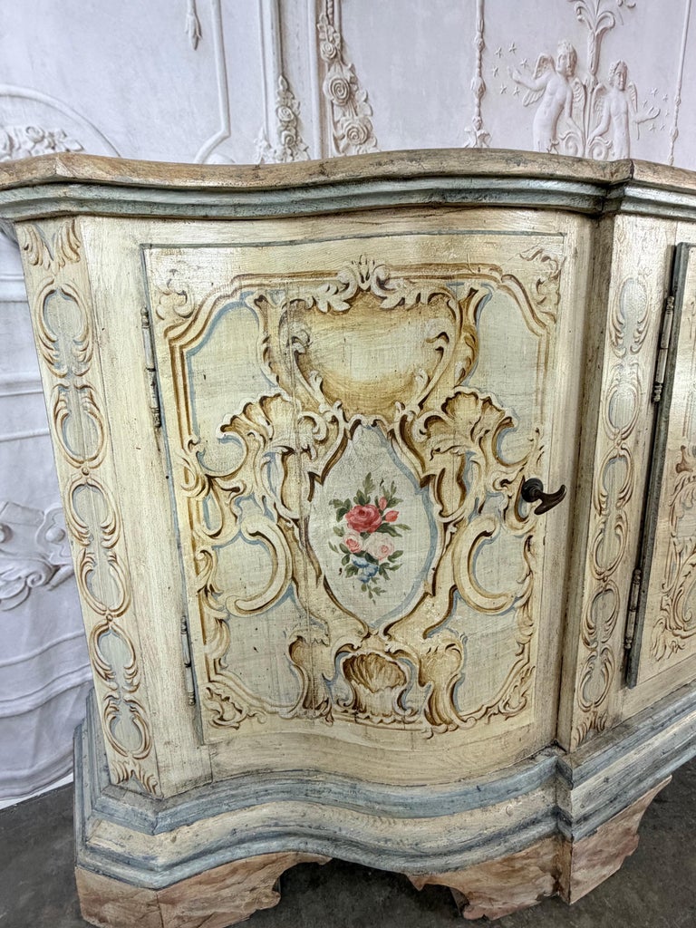 Italian Rococo Painted Serpentine Credenza with Floral Cartouches