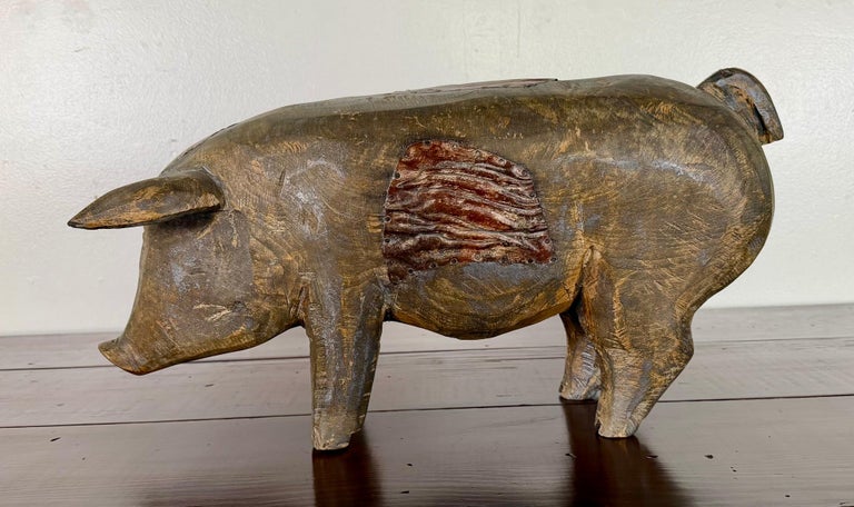 Folk Art Carved Wooden Pig Sculpture with Patinated Finish