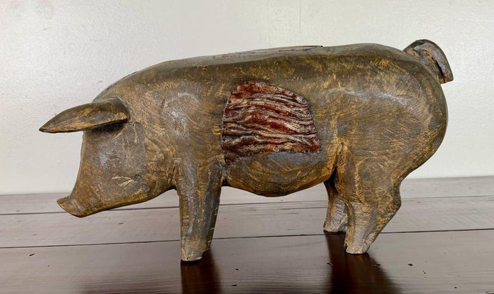 Folk Art Carved Wooden Pig Sculpture with Patinated Finish