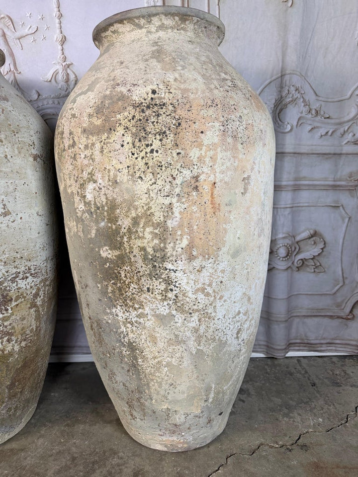 Pair of Monumental Terracotta Olive Jars with Weathered Patina